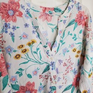 Old Navy Womens XL Floral Cotton Tunic Blouse Long Sleeve Split Neck White Pink
